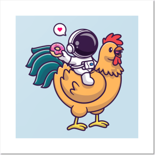 Cute Astronaut Riding Chicken And Holding Donut Cartoon Posters and Art